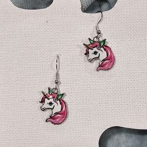 Unicorn Earrings Enamel Silver Metal NIP Pink